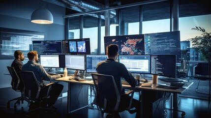 a scene showcasing a team of software developers coding, collaborating, and testing applications in 