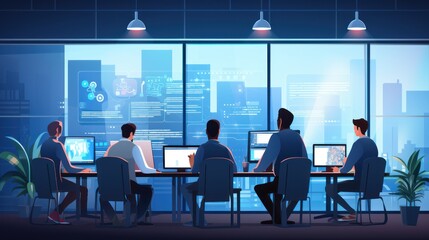 A scene showcasing a team of software developers coding, collaborating, and testing applications in a modern development environment