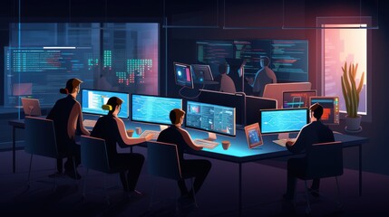 A scene showcasing a team of software developers coding, collaborating, and testing applications in a modern development environment