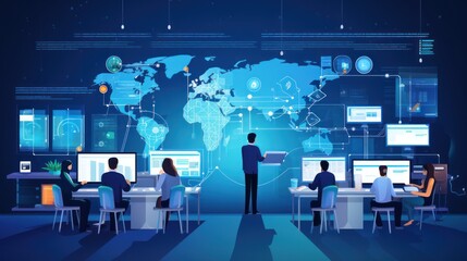 A scene showcasing a team of software developers coding, collaborating, and testing applications in a modern development environment