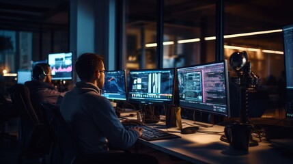 Wall Mural - a scene showcasing a team of software developers coding, collaborating, and testing applications in 