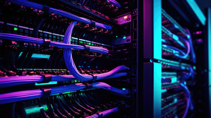 Close-up shot of networking cable management located in the server room