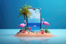 Creative 3D Summer Beach Scene With Smartphone And Pink Flamingos, Miniature Table Top Scene Of Summer Vacation, 3D Rendering