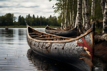Illustration Of A Birch Bark Canoe Along A River. Generative AI.