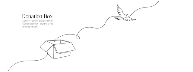 Fototapete - One continuous line drawing of donate box with bird dove. Minimalist peace concept of help and volunteer activity web banner in simple linear style. Editable stroke. Doodle vector illustration