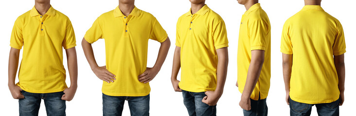 Wall Mural - Blank collared shirt mock up template, front side and back view, Asian teenage male model wearing plain yellow t-shirt isolated on white. Polo tee design mockup presentation