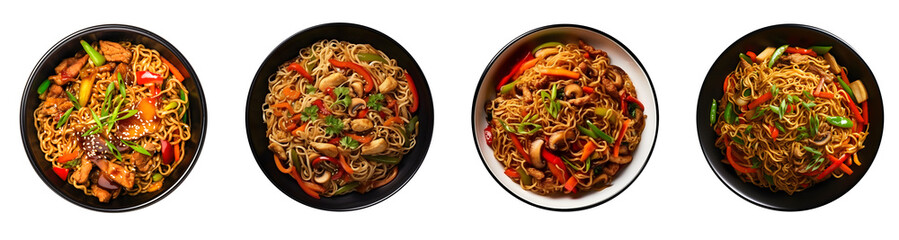 Set of top view delicious Yakisoba of Japanese food in black bowl, Stir fried noodles with pork and vegetables, isolated on white transparent background, ai generate