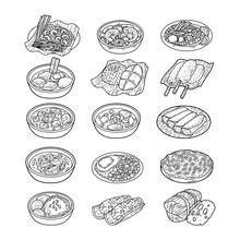 Set Of Thai Food Hand Drawn Outline Sketch Illustration