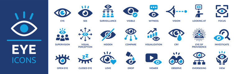 eye icon set. containing eyes, see, visible, surveillance, view, vision, witness, looking at, superv