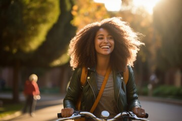 Wall Mural - Hipster smiling black woman confident as she is commuting riding her bicycle