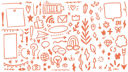 illustration set of cute doodles for daily planner, hand drawn notebook sheets and arrows. color pen