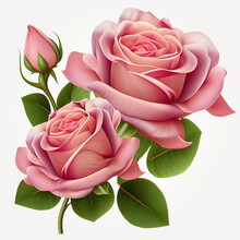 Two Beautiful Pink Rose Flowers In Full Bloom And Buds, Generative Ai, Generative, Ai