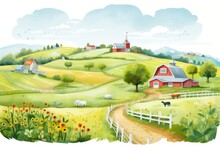 Farm Landscape. Sunlit Farmyard, Complete With Smiling Farmers, A Red Barn, Blooming Trees, And A Peaceful Countryside Atmosphere