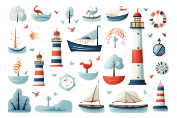 nautical - themed illustration for a sticker sheet. anchors, sailboats, seashells, and lighthouses