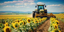 Agricultural Tractors In Fields Of Sunflowers In Sowing And Harvesting, Ensuring Production. Generative AI.