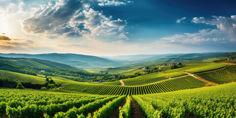 Fototapete - Green field with rows of vines for harvesting. Ripe grapes for the production of fine wines. Generative AI.