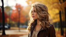 Beautiful Blonde Woman Walking In A Park On An Autumn Day