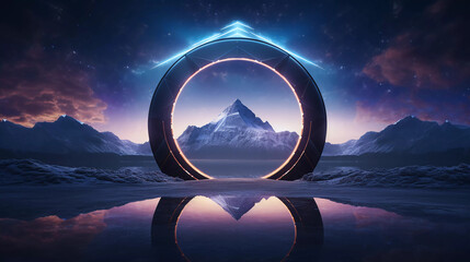 Wall Mural - Abstract neon background with geometric circle shape, Beautiful frame and extraterrestrial landscape under the night sky and Rocks. Futuristic minimalist wallpaper. Created with Generative AI.