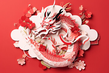 Wall Mural - Year of the dragon chinese celebration. Paper cut out Chinese dragon design