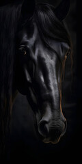 Wall Mural - Black horse standing in black background looking with eyes