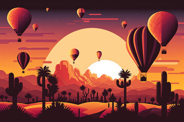 Wall Mural - Generative AI. Hot air balloons in clouds against a lilac cloudy sky. Striped hot air balloons festival illustration. Beautiful sight several colored bright balls in the sunset sky. Romantic flight, t