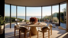 The Interior Design Of A Luxury Dining Space With Floor-to-ceiling Windows And A Terrace For Outdoor Dining, Providing A Scenic Landscape View. Generative AI AIG27.