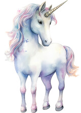 Watercolor Unicorn Isolated On White Background. Hand-drawn Illustration.
