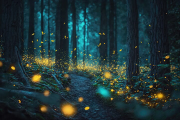 Wall Mural - Flittering fireflies flying in the night Fantasy enchanted forest. Fairy tale concept.