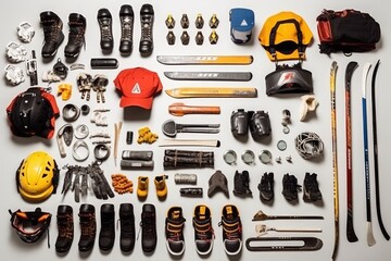 knolling of ice hockey tools and equipment photoraphy Generated AI