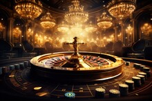 Casino Setting With A Golden Wheel Of Fortune, Glimmering Lights And A Bustling Atmosphere