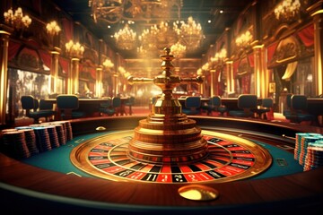 Casino setting with a golden wheel of fortune, glimmering lights and a bustling atmosphere