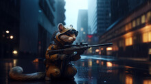 Sniper Squirrel Looking For A Target While It Is Raining. Cute Funny Squirrel Cyberpunk Style