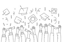 Doodle Hands Up, Hands Clapping. Applause Gestures. Succes, Congratulation Graduation. Vector Illustration