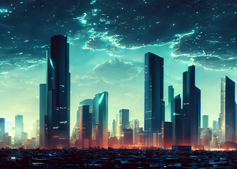 Wall Mural - abstract futuristic modern cityscape skyscaper line at night during sunset created with generative ai technology