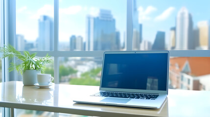 Wall Mural - Black screen of laptop near window of skyline created with Generative AI 