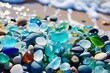 Natural polish textured sea glasses and stones on the seashore. Generative AI.