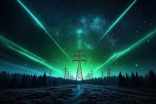 Overhead Electricity Transmission Lines With Digital Visualization Of Electricity. Generative AI.