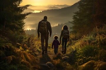 Wall Mural - A family hiking through a forest. Generative AI.