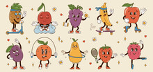Set Isolated Different Sportive Fruits Groovy Characters In Gloves In Flat Retro Classic Cartoon Style On White Background. Illustration For Your Design, Print, Card, Poster, Stickers