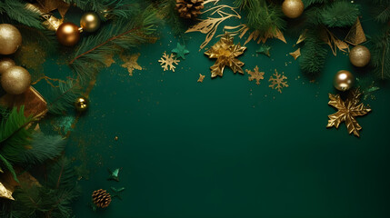 christmas branches and decorations on green background with copy space created with generative ai