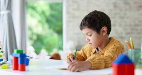 Wall Mural - Child, drawing or boy writing homework on notebook in kindergarten education for growth development. Project, creative or young art student with color pencil learning or working on sketching skills