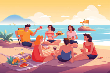 Illustration group of happy friends at a picnic on the seashore.