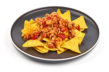 Plate of corn chips nachos with fried minced meat and cheese, isolated on white background.