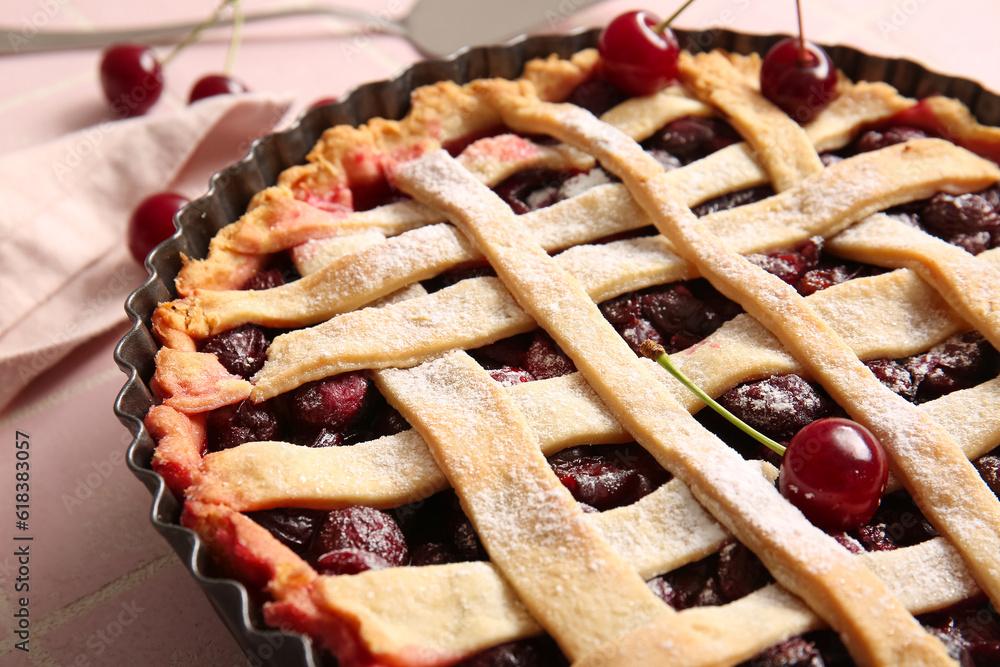 Baking dish with tasty cherry pie, closeup