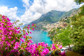 Wall Mural - Landscape with Positano town at famous amalfi coast, Italy