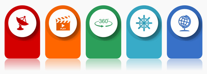 Aufkleber - Communication icon set, miscellaneous vector icons such as satellite antenna, cinema, 360 degree, ship wheel and globe, modern design infographic template, web buttons in 5 color options