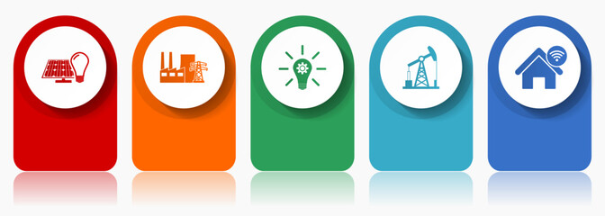 Leinwandbilder - Industry and technology icon set, miscellaneous vector icons such as renewable energy, power plant, oil and gas, modern design infographic template, web buttons in 5 color options