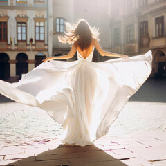 Wall Mural - Stunning woman a beautiful white dress in an empty old town square, view from the back, generative AI illustration