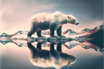 image shown by polar bear suffer due to melting ice caused by the impact of climate change on double exposure of global warming turning arctic hotter in background. Superb Generative AI.