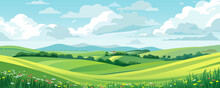 Beautiful Landscape Vector Illustration Of Mountains, Forests, Fields And Meadows. Stunning Panoramic Farm Landscape With Mountains In The Background. Natural Landscape